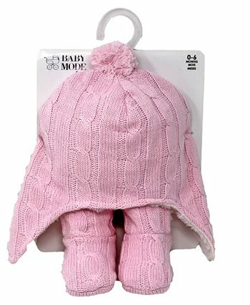 Baby Mode Signature Cable Knit Fleece Lined Baby Hat And Boots - Image 2