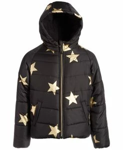S Rothschild & CO Big Girls Gold Star Foil-Print Hooded Puffer Coat