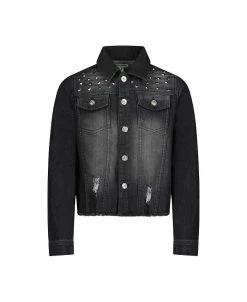 Steve Madden Girl's Studded Distressed Dark Wash Denim Jacket, Kids