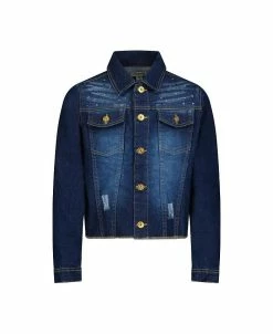 Steve Madden Girl's Studded Distressed Dark Wash Denim Jacket, Kids