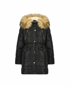 Steve Madden Girl's Faux Fur Trim Warm Winter Parka Coat With Cinch Waist, Kids
